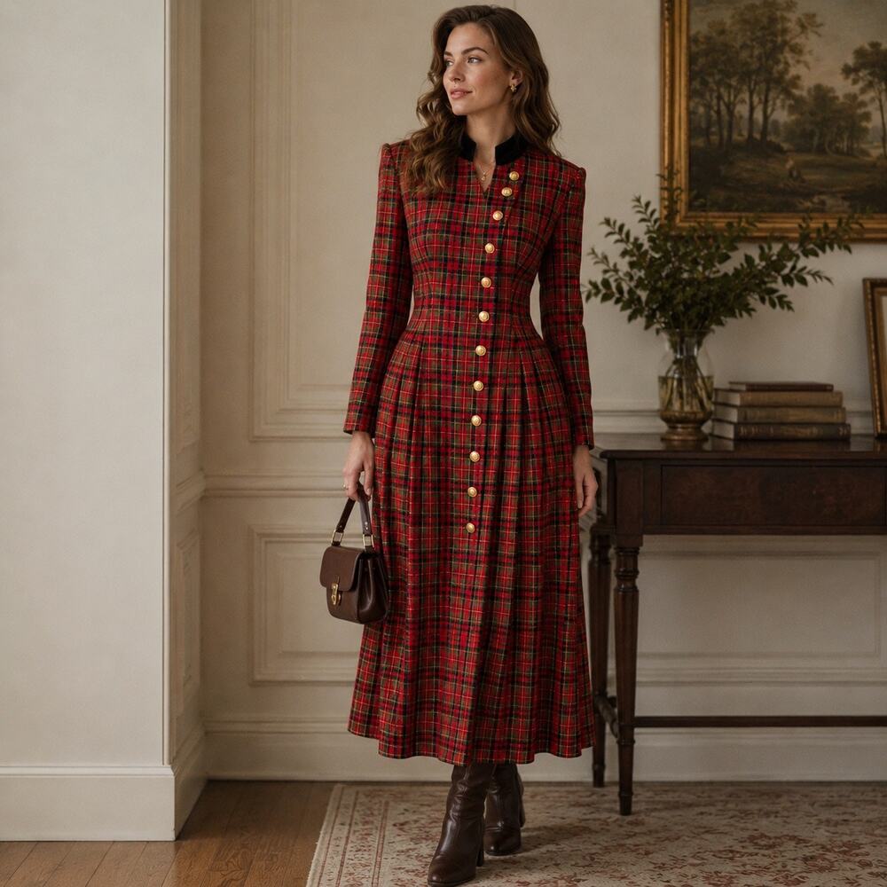 Vintage Cynthia Howie Maggie Boutique Tartan Plaid Maxi Dress Coat 10